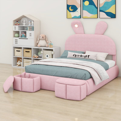 Cute Cartoon Ear Shaped Headboard Platform Bed with Lighting