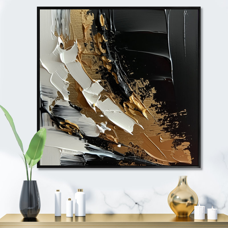 Imminent Bliss Bold texturé or et noir - art abstrait peinture murale, Cadre flottant noir, H 16 po x l 16 po x P 1 po