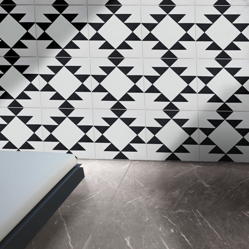 Rissani 8" x 8" Cement Patterned Wall & Floor Tile, White/Black