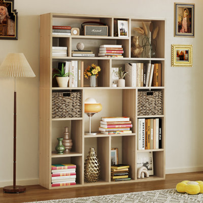 71" H Large Woodern Sturdy Bookshelf Bookcase, Thickened 18mm Freestanding Display Storage with Open Shelves and 2 Wicker Baskets, for Home Office, Li by Latitude Run