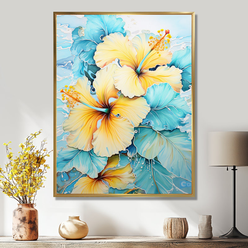 Hibiscus jaune sur fond bleu subtil - impression d'art mural hibiscus, Cadre flottant doré, bois massif, H 40 po x l 30 po