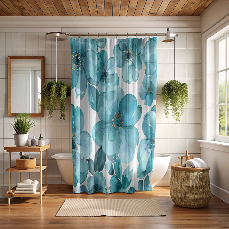 Rideau de douche Teal Bloom - Premium, H 74 po x l 71 po