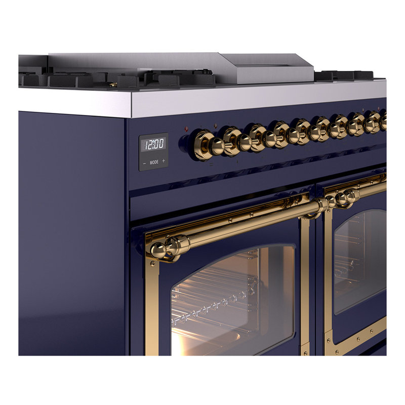 ILVE Nostalgie II Series Noblesse 40 inch Dual Fuel Range with 6 Sealed Burners, Griddle (Glass Door), Midnight Blue/Brass