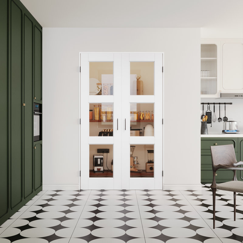 Portes françaises d'intérieur apprêtées en verre transparent blanc 80 H 3-Lite H 80 po avec loqueteau noir et quincaillerie d'installation / poignées