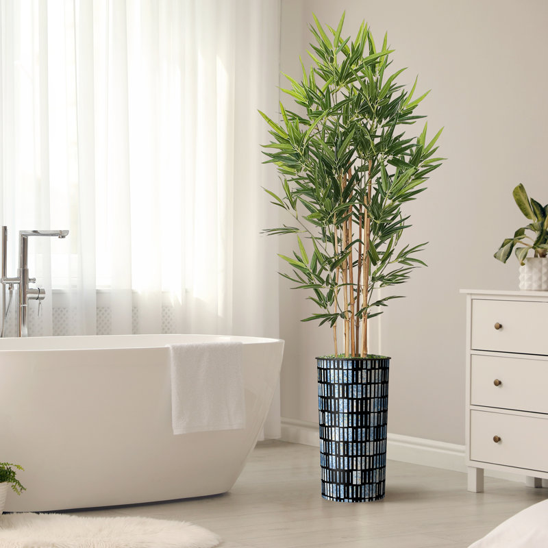 Artificial Tree in Contemporary Blue Stripe Patterned Planter Fake Bamboo Silk Tree, Rectangle Blue