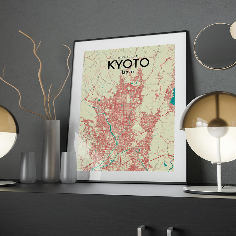 Kyoto City Map In Tricolour - No Frame Print, 24cm H x 18cm W x 0.05cm D