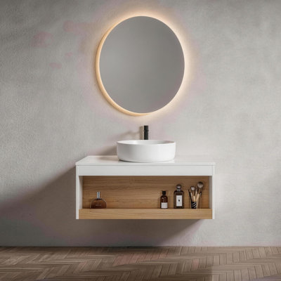 Reagan 36" Modern Floating Bathroom Vanity with Vessel Ceramic Sink and Open Shelf Storage