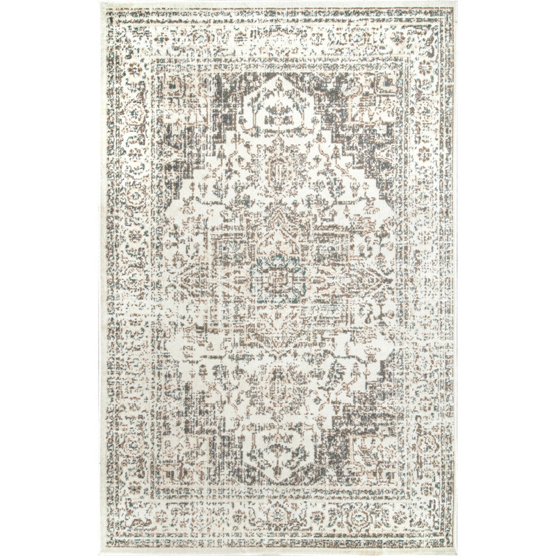 Ethelinde Power Loom Performance Oriental Medallion Cream Rug, Rectangle 6'7" x 9'
