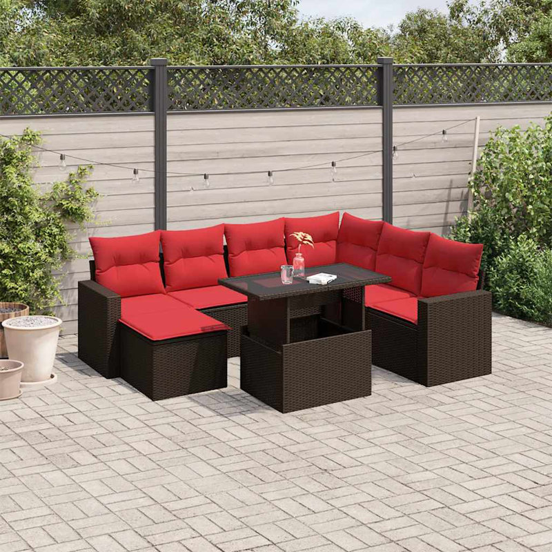 Ensemble de canapé de patio 8 pièces avec coussins en rotin de polyester, Rouge, Brun