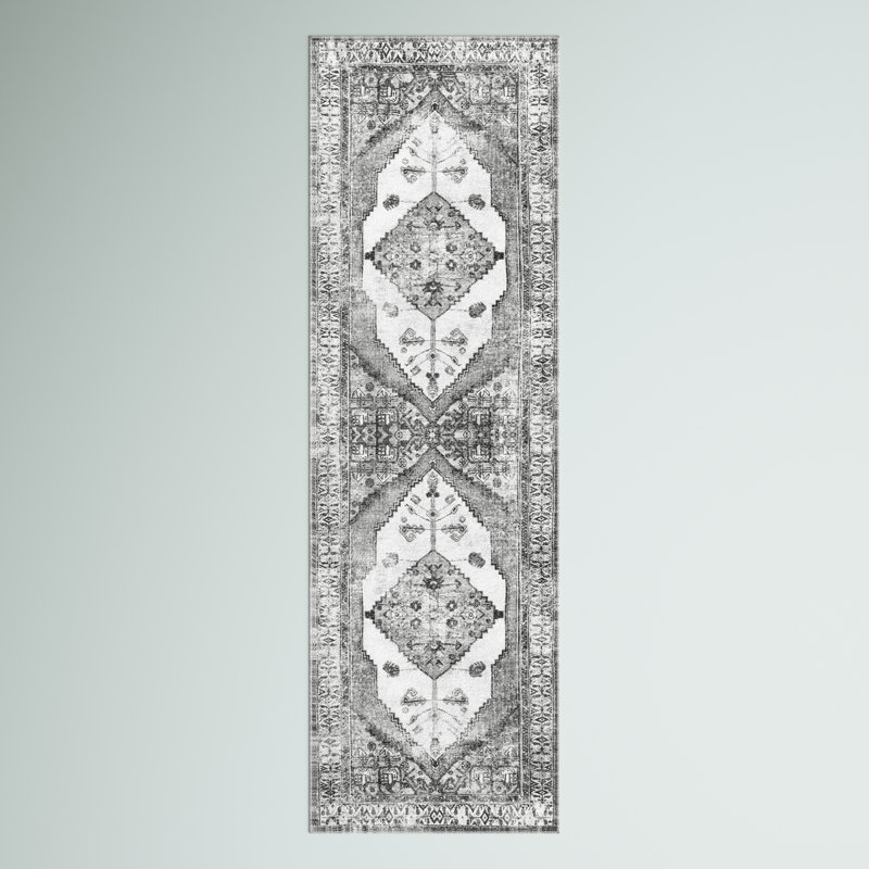 Tapis lavable en machine Teo Medallion pour le salon, la chambre et la cuisine, gris clair / ivoire