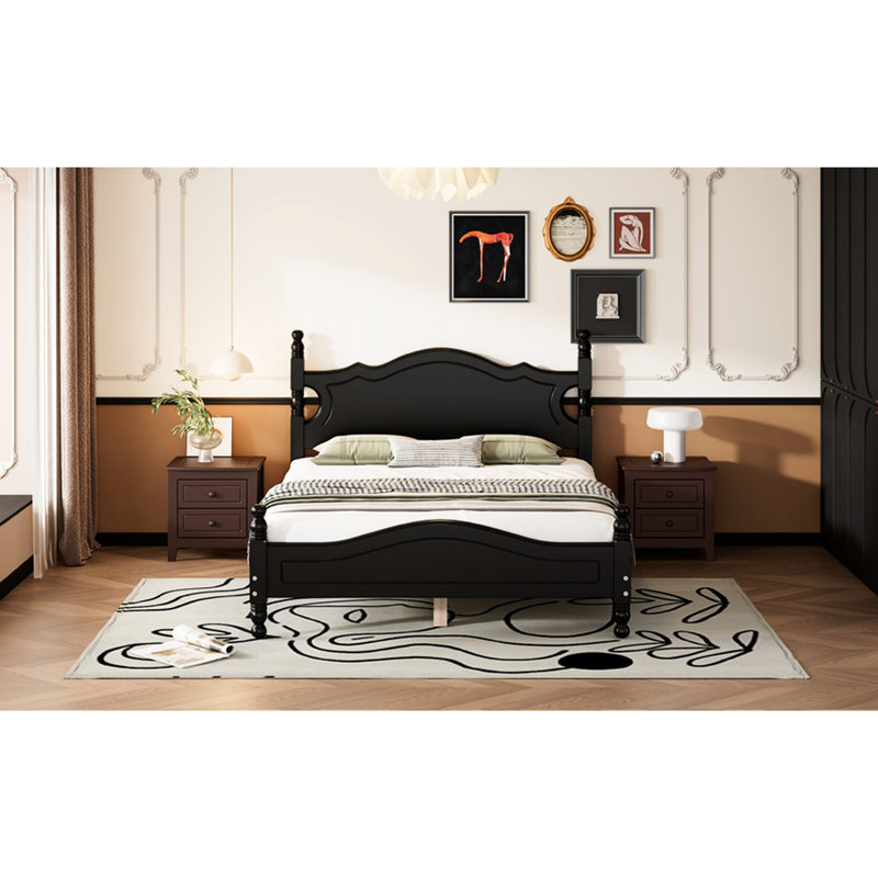 Base de lit plateforme double en bois pleine grandeur avec lattes noires stables et robustes