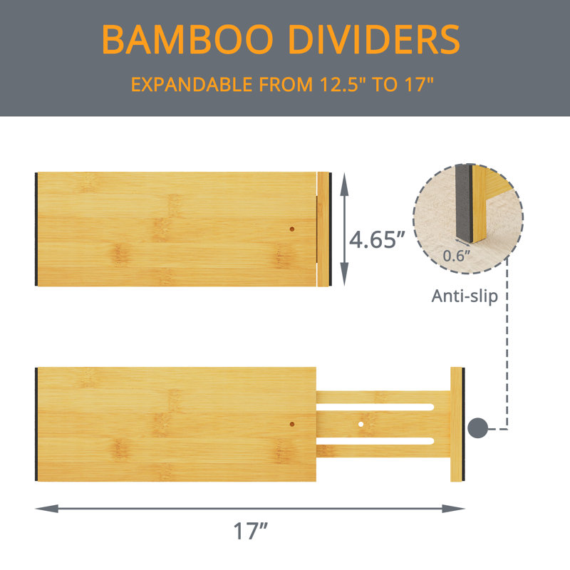 Natural Bamboo Adjustable Dresser Drawer Dividers, 4-Pack