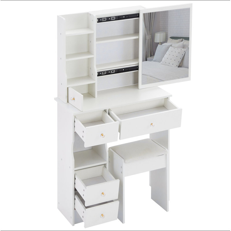 Petit meuble-lavabo de 29,2 po avec tabouret de bureau et tabouret rembourré, très grand miroir coulissant à droite, rangement multi-couches à grande capacité, commode pratique et pratique, convient aux petits espaces