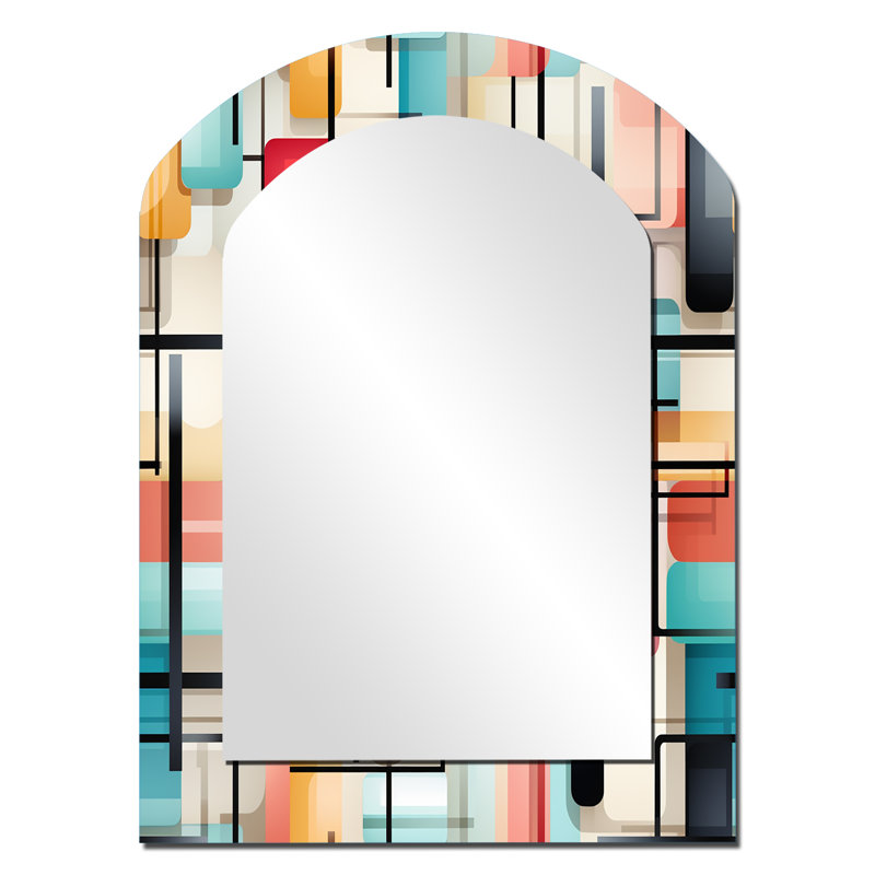 Geometric Green And Pink Gridlock - Geometric Arch Mirror, Black Asymmetrical Unique Wall Mirror, Printed Metal Art