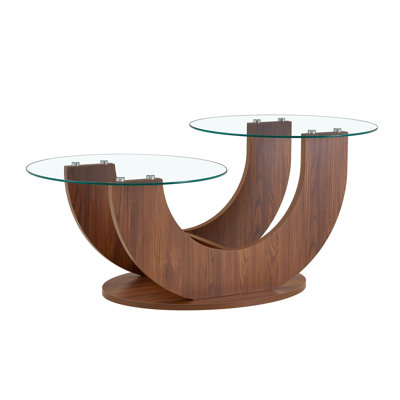 Table basse en U à deux niveaux en verre, table basse ronde moderne avec tablettes en verre trempé et base en bois aggloméré noyer, table d'appoint de salon contemporain