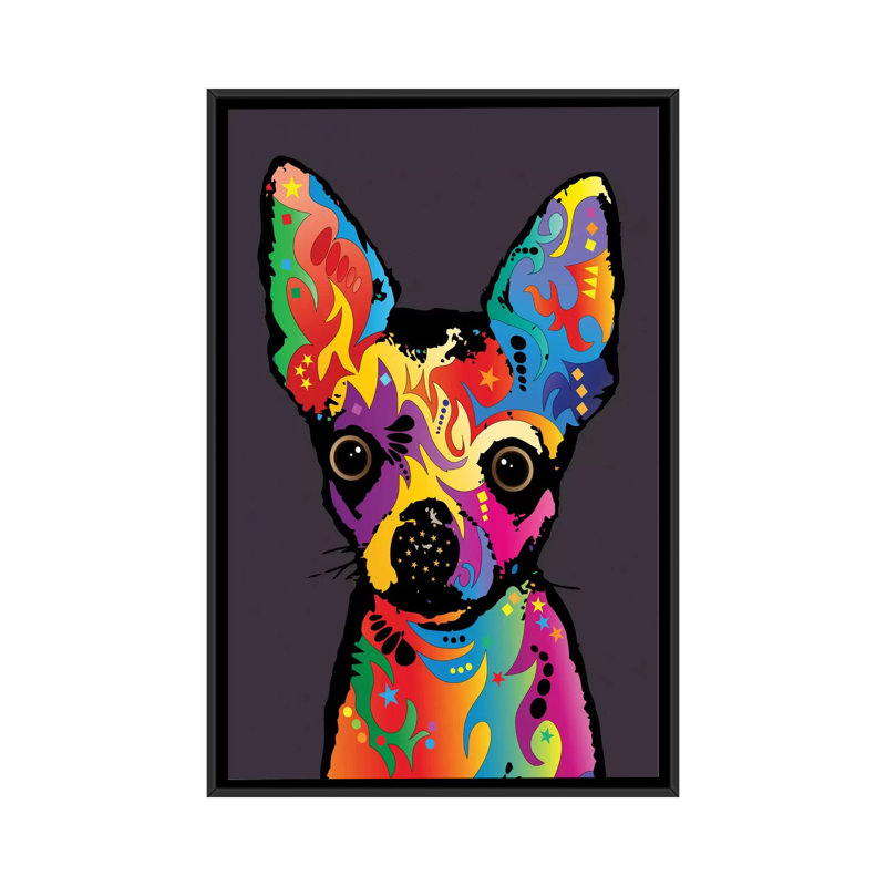 « arc-en-ciel chihuahua sur prune », impression sur toile tendue, H 48 po x l 32 po x P 1,5 po, Toile avec cadre noir