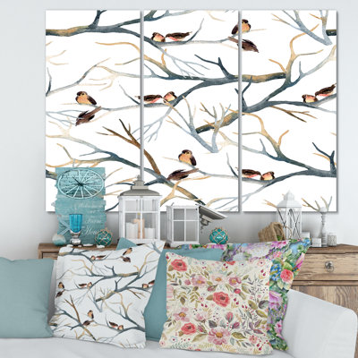 «Little Birds On The Tree Branches I», peinture sur toile tendue 3 pièces
