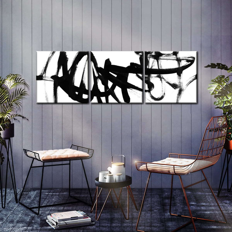 Blanc à noir abstrait V - ensemble panoramique sur toile tendue 3 pièces, H 8 po x l 26 po x P 1 po