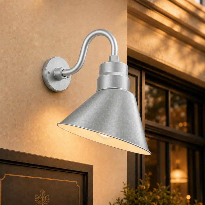 10in. Galvanized Finish Angle Shade Gooseneck Sign Light Fixture With 10in. Long Extension Arm - Wall Sconce Farmhouse, Vintage, Antique Style - UL Listed - 9W 900lm A19 LED Bulb (5000K Cool White)