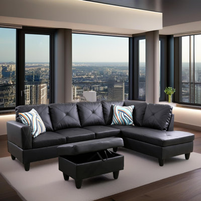 Monaco Vegan Leather 3-Piece Sectional Sofa Set With Chaise And Storage Ottoman