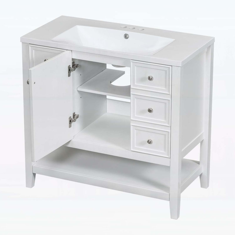 Meuble-lavabo en bois 36 po avec lavabo, armoire et tiroirs pour un rangement efficace et une conception élégante, Blanc