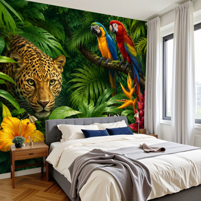 Papier peint adhésif pelez et collez sans soudure, léopards de la jungle, feuilles tropicales, fleurs, forêt exotique foncée, art mural auto-adhésif et amovible