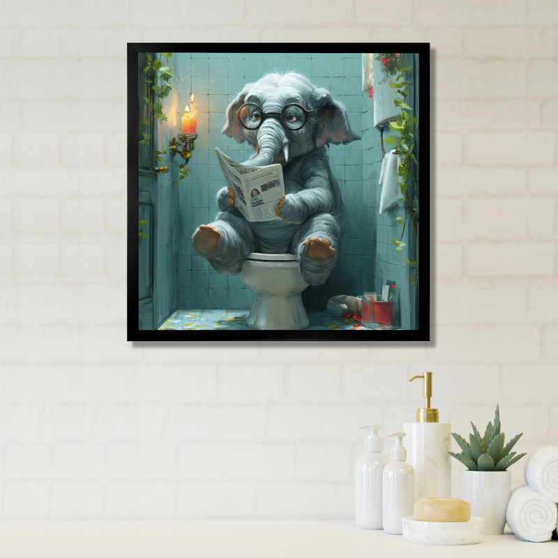 Bébé éléphant avec lunettes lisant sur la toilette II, Cadre simple noir, H 36 po x l 36 po x P 1,5 po