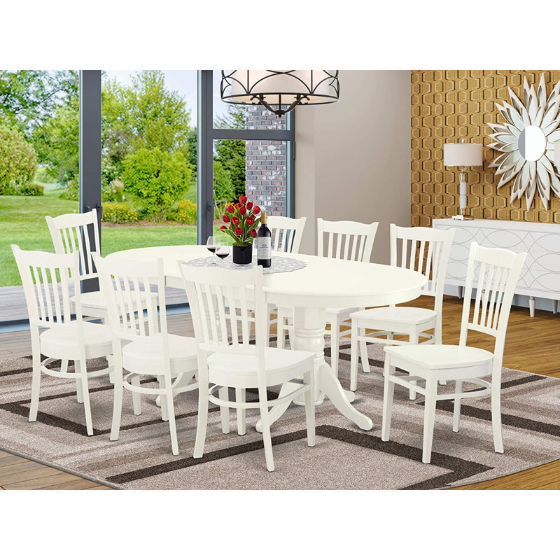 9 Piece Dining Set Includes an Oval Dining Room Table with Butterfly Leaf and 8 Wood Seat Chairs, Linen White