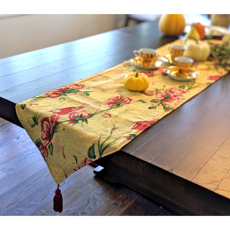 Red Roses And Birds Golden Floral Table Runner, 90" L x 13" W