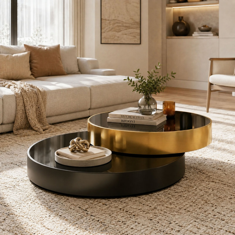 Table basse pivotante à 360 ° avec plateau rond en verre trempé noir et cadre en acier inoxydable brossé doré