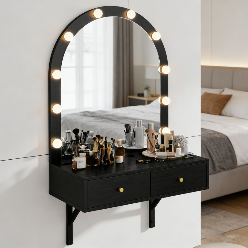 Modern Floating Makeup Vanity With Lighted Arched Mirror, Built-In Outlets & Storage Drawers, Black