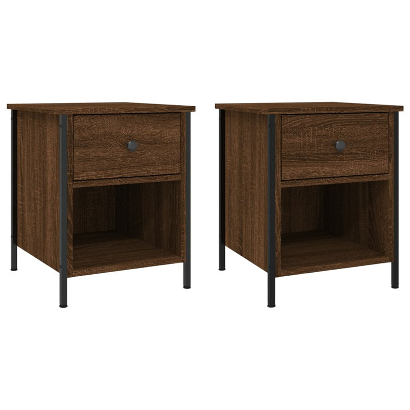 Litvak 40cm W Iron Bedside Table, Brown Oak, Set of 2