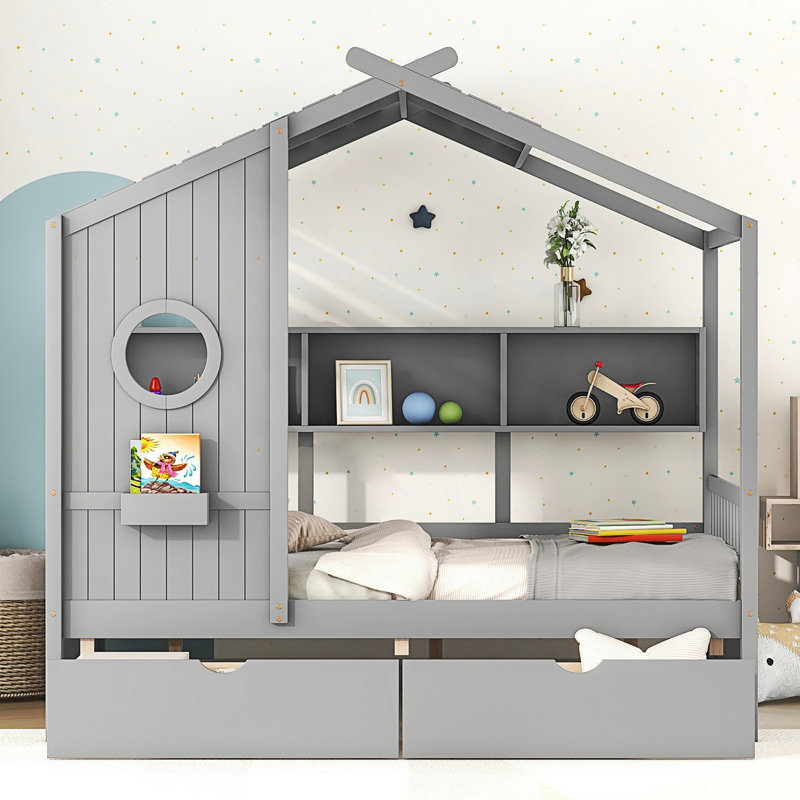 Lit double pleine grandeur avec 2 tiroirs et tablette de rangement, Gris