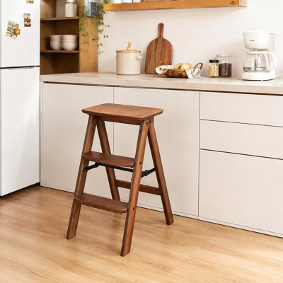 Foldable 3-Tier Oak Step Stool, Space-Saving Multi-Functional Folding Chair for Adults, Home & Kitchen