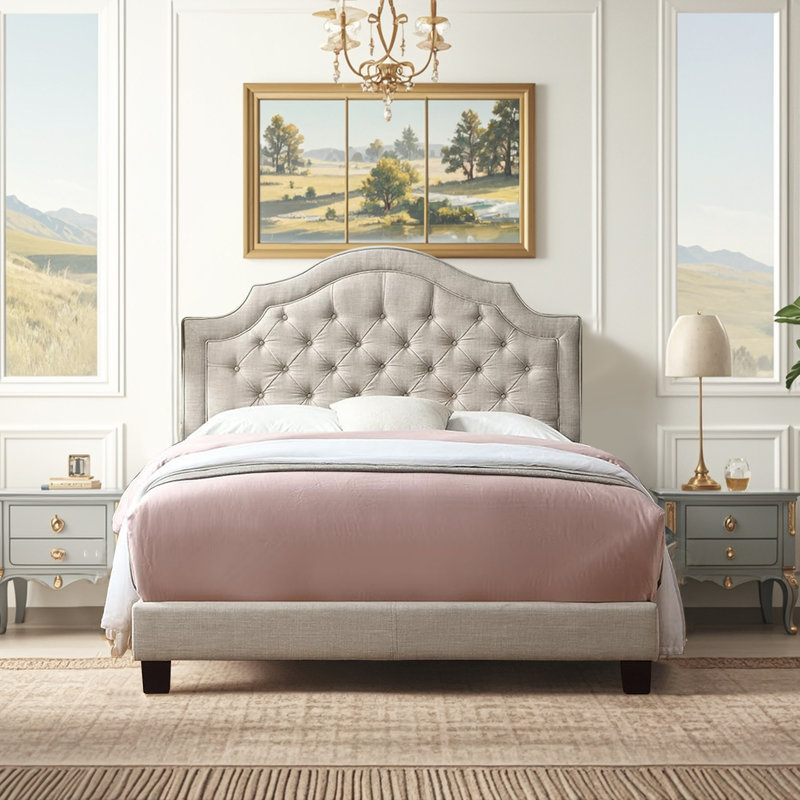 Lit rembourré en lin avec tête de lit réglable et capitonnage à boutons, Beige, Grand