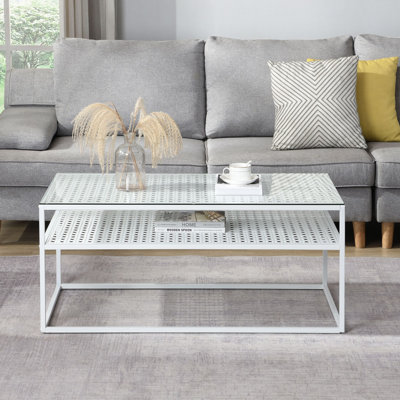 Coffee Table Glass Rectangular 100 Cm Metal Living Room Table Shelf