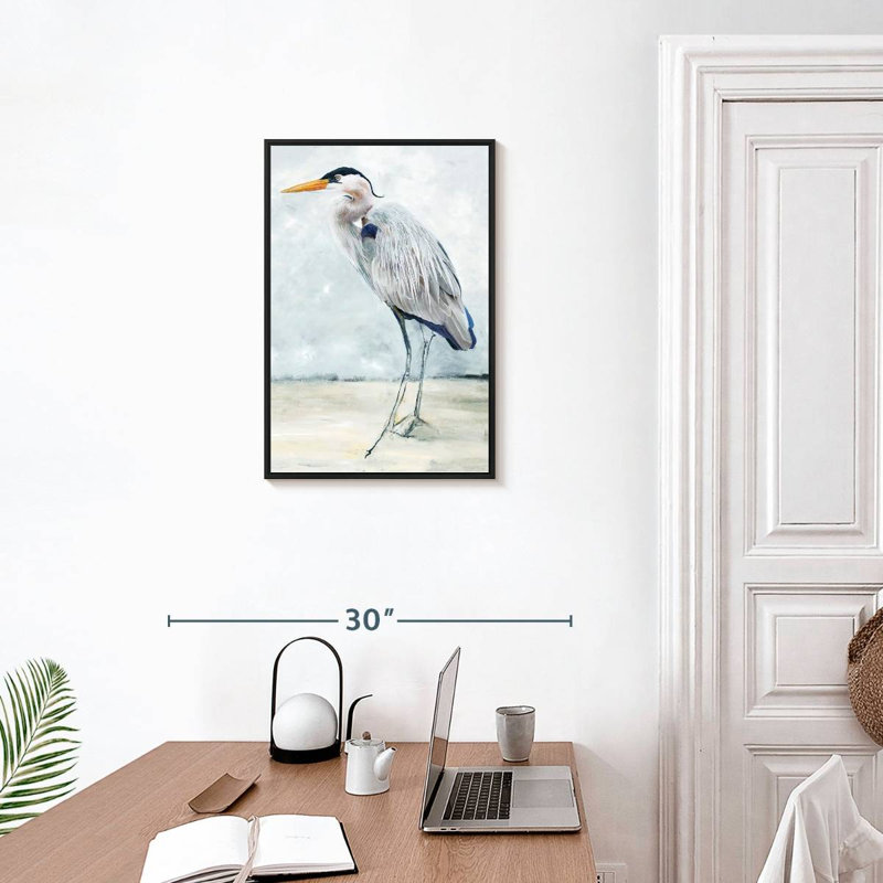 Héron bleu plage I, Cadre flottant noir, 17 po x 25 po
