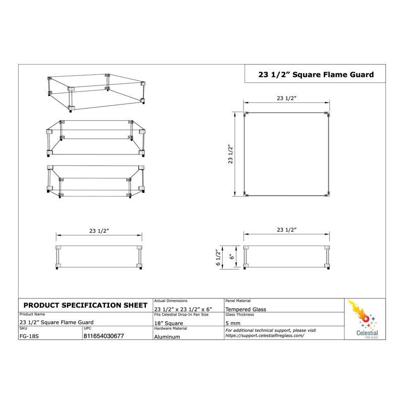 Celestial 23.5" Square Tempered Glass Wind Guard for Fire Pits