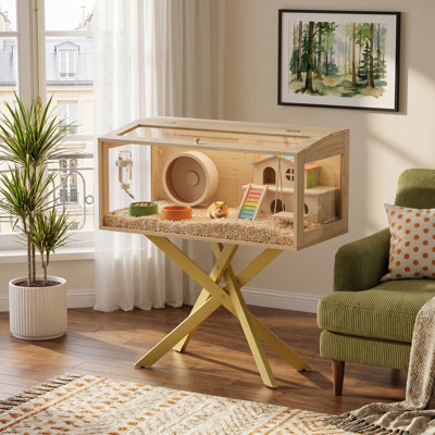 Grande cage à hamster en bois avec support en métal, clôture en verre trempé à 4 côtés, petit toit ouvert 32 po, cage multi-évent pour cochon d'Inde, rat, gerbille ou hérisson