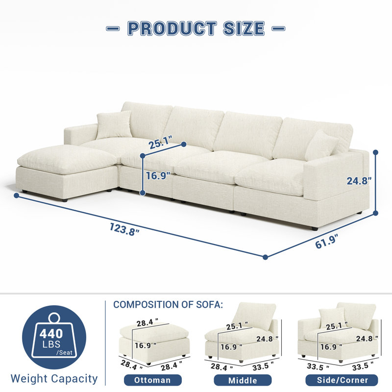 Canapé modulaire Cloud Couch, canapé modulaire convertible à siège profond pour le salon, canapé modulaire rembourré en duvet moelleux avec repose-pieds mobile