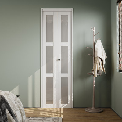 3-Lite Glass Door Solid Manufactured Wood Bi-Fold Door with Installation Hardware Kit(Closet-pantry door)