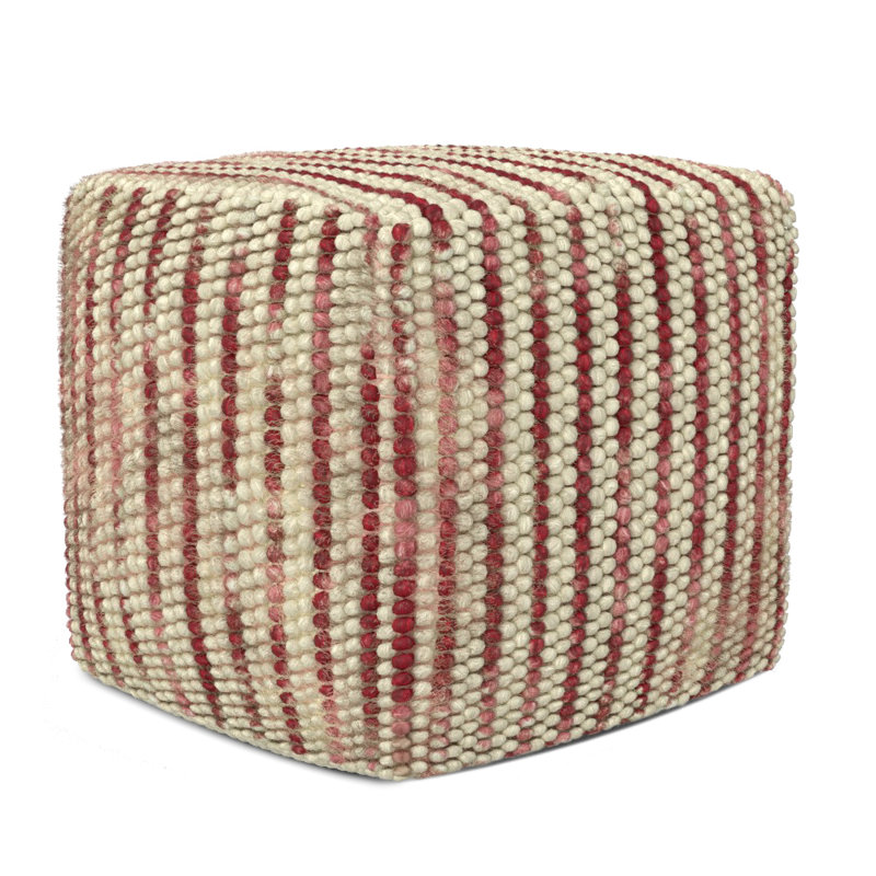 Zoey 18"W Handcrafted Wool and Cotton Cube Pouf, Maroon/Cream