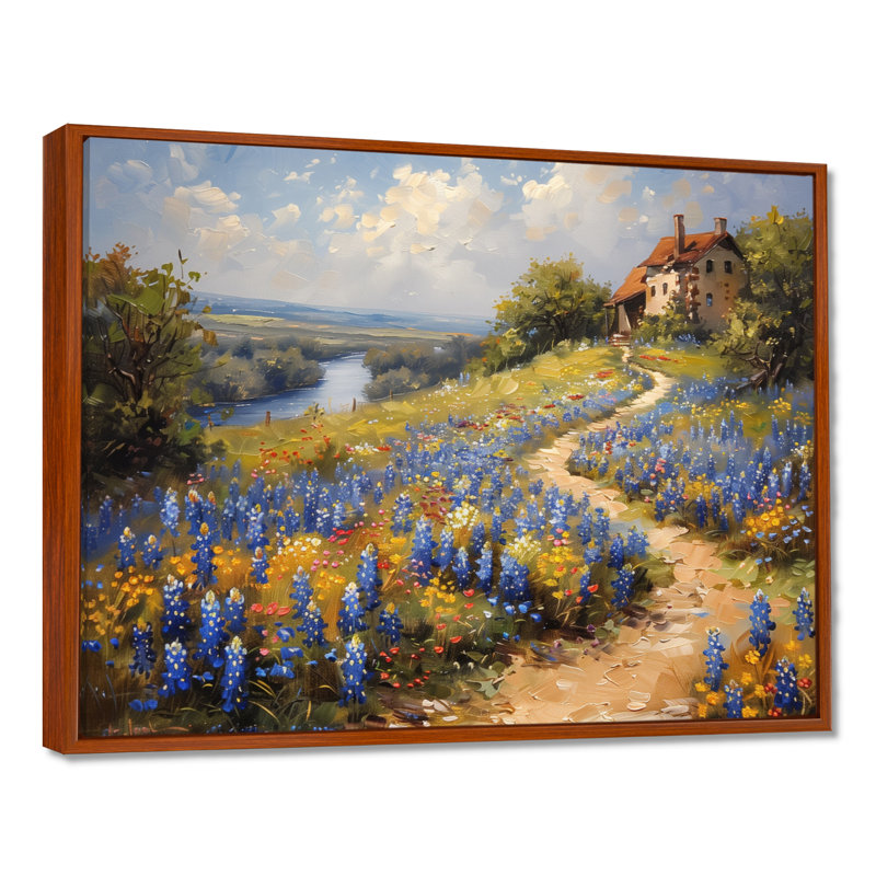 Bleu et vert pré breloque bleu Bonnets VII - Blue Bonnets Wall Art Living Room, Toile avec cadre flottant brun