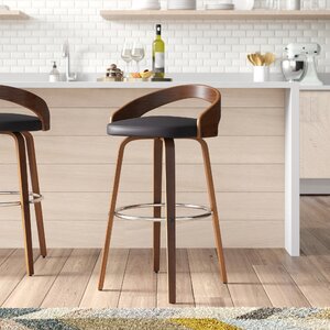 Maxime Swivel Counter or Bar Height Bar Stool with Open Low Back in Faux Leather and Wood