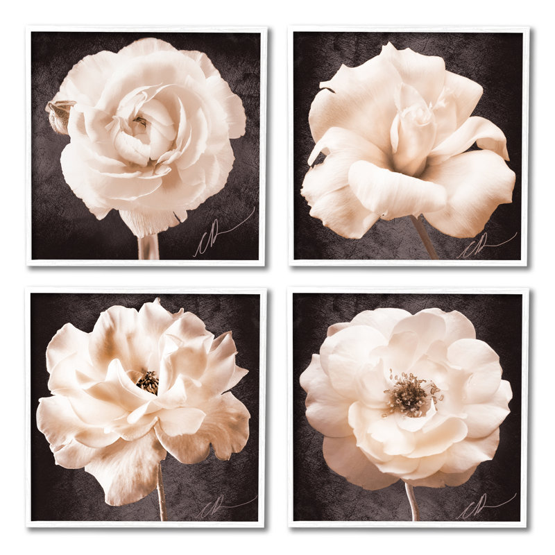 Fleurs roses rétro sur bois, reproduction de 4 pièces, Giclée encadrée blanc bord de mer, H 12 po x l 48 po x P 1,5 po