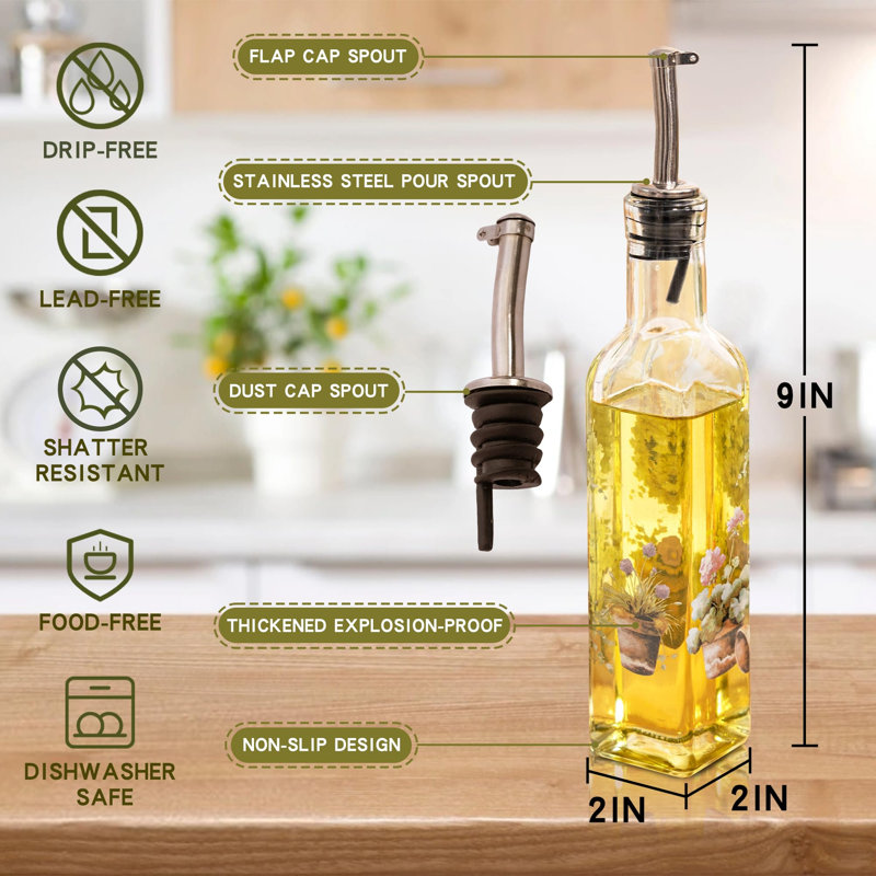 Lot de 2 bouteilles d'huile d'olive de 255 ml (9 oz), distributeur en verre avec bec verseur en acier inoxydable | Versement anti-gouttes | Bouchon anti-poussière | Rangement sur le comptoir | Convient à l'huile et au vinaigre