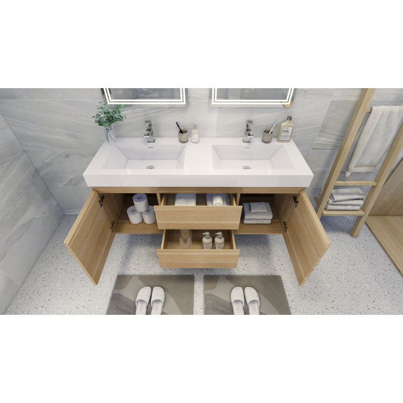 Mitul 58.75'' Double Bathroom Vanity with Acrylic Top, White Oak