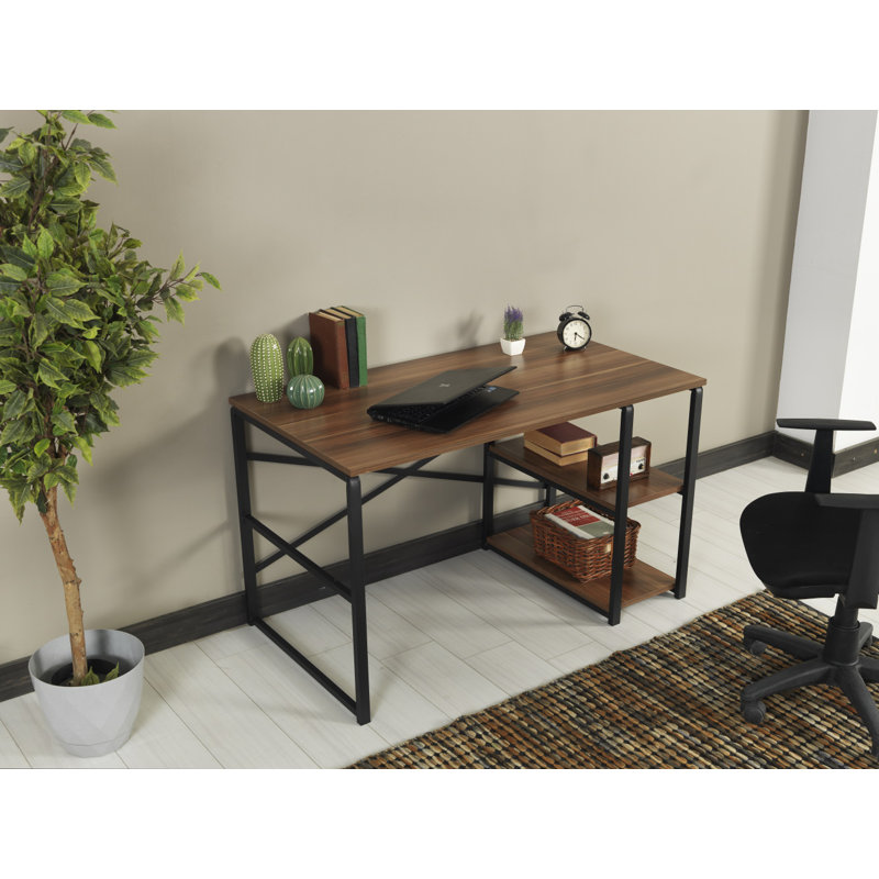 Walnut and Black Metal Frame 47" Writing Desk with Shelves