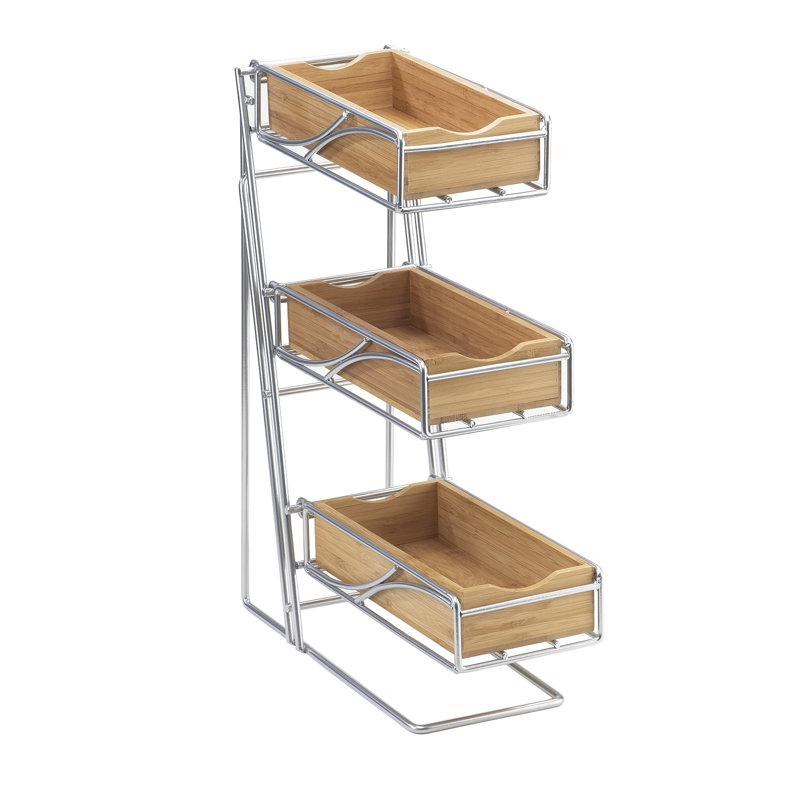 Platinum 3-Tier Metal Flatware / Condiment Display with Bamboo Bins