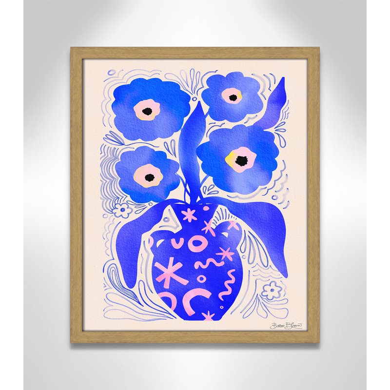 «Blue Flowers Matisse» par Bloom, Grain de bois naturel, 16'' W x 19'' H, Impression encadrée